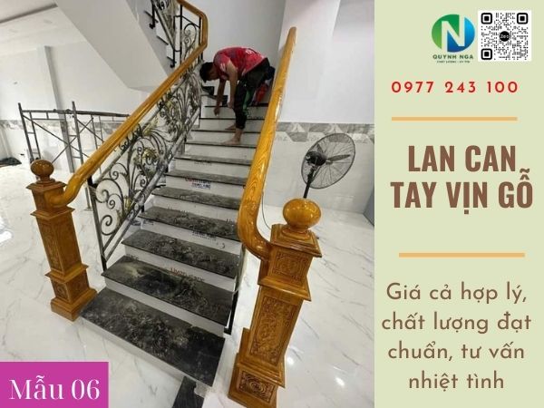 Thi công lan can cầu thang tay vịn gỗ